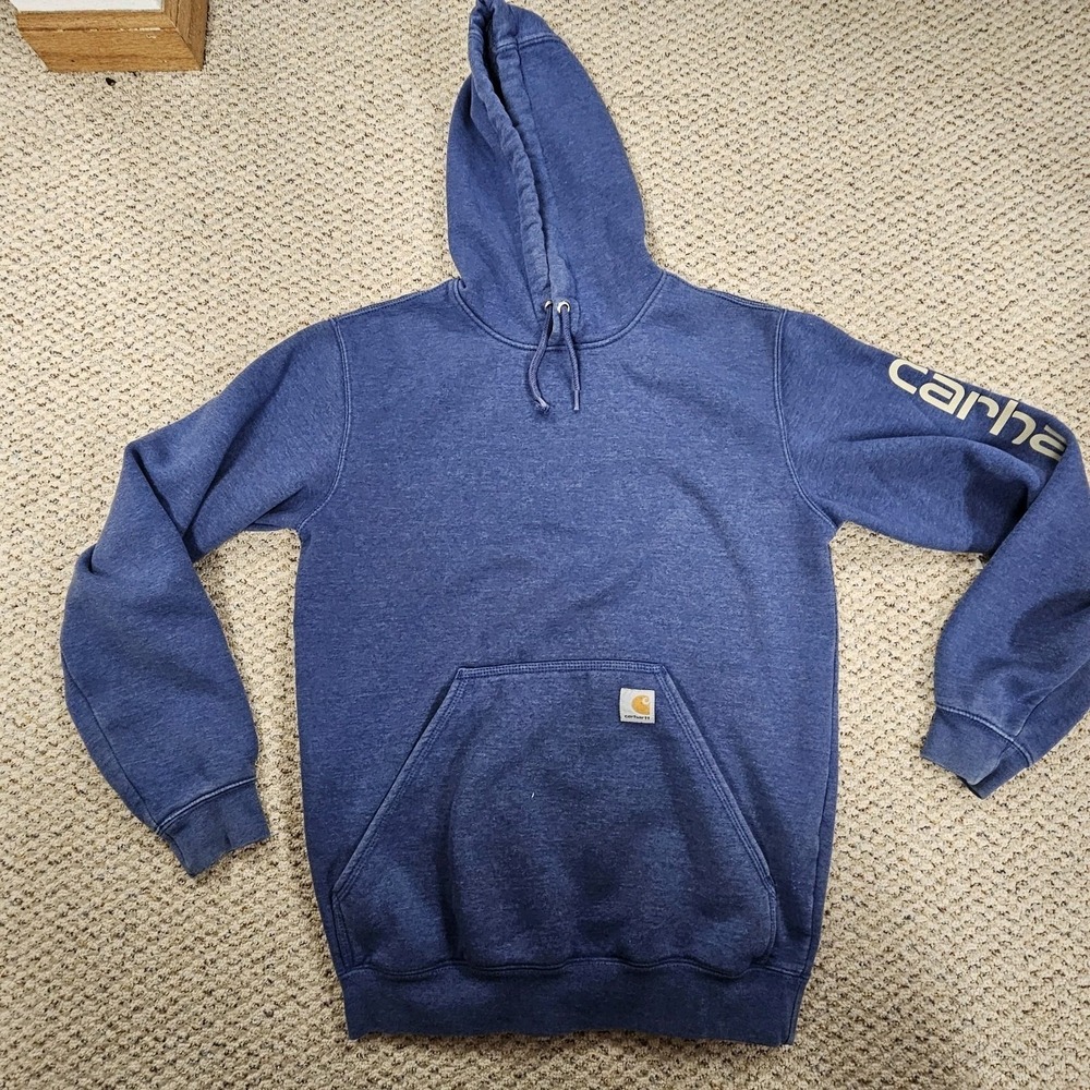 Carhartt Hoodie Mens Small Loose Fit Blue Long Sleeve Spell Out Arm Sweatshirt